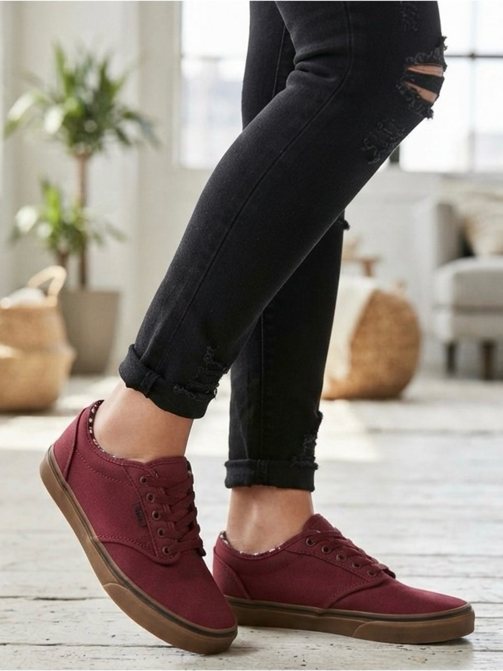 Vans Atwood Burgundy Canvas Skate Shoes Floral Lining Women's 7.5